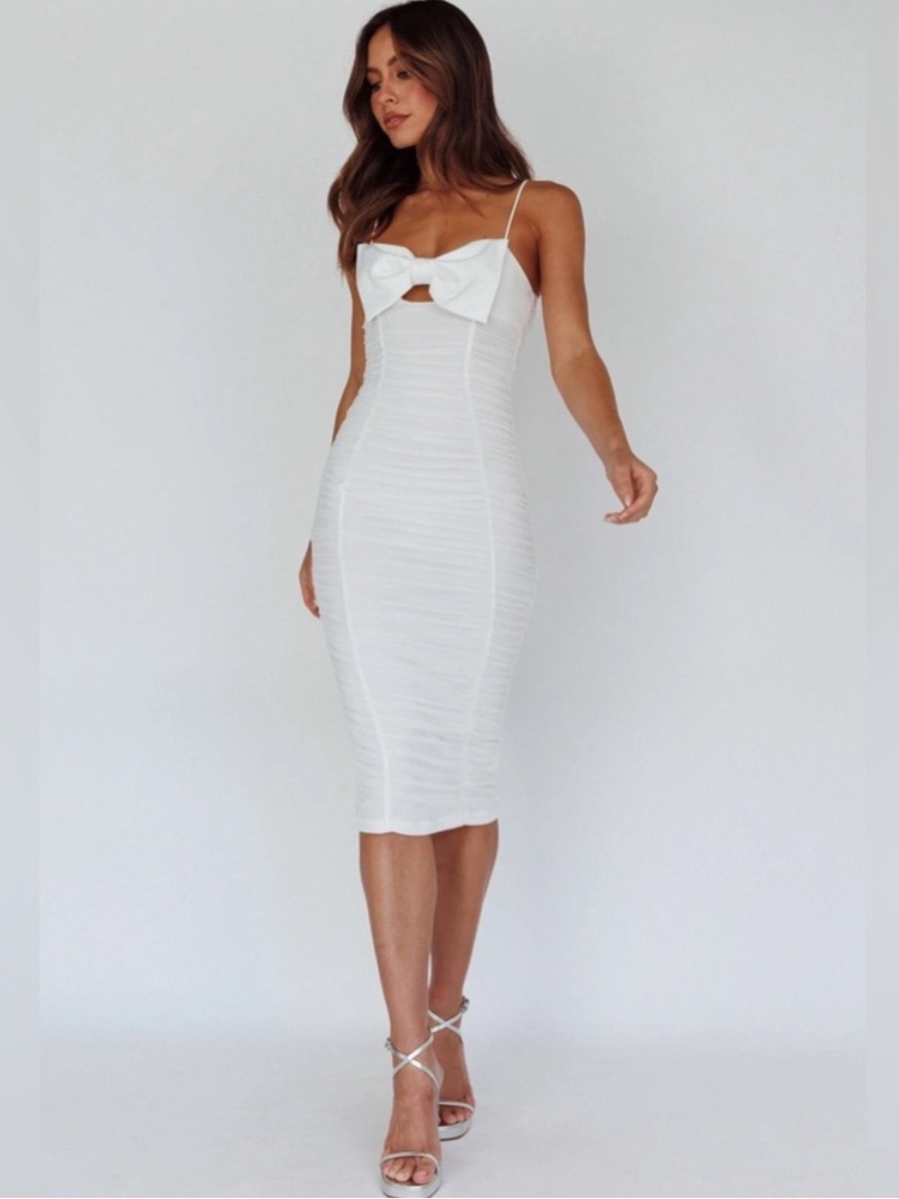 White Bow Selfie Leslie ruched Midi Dress - brand new with tag